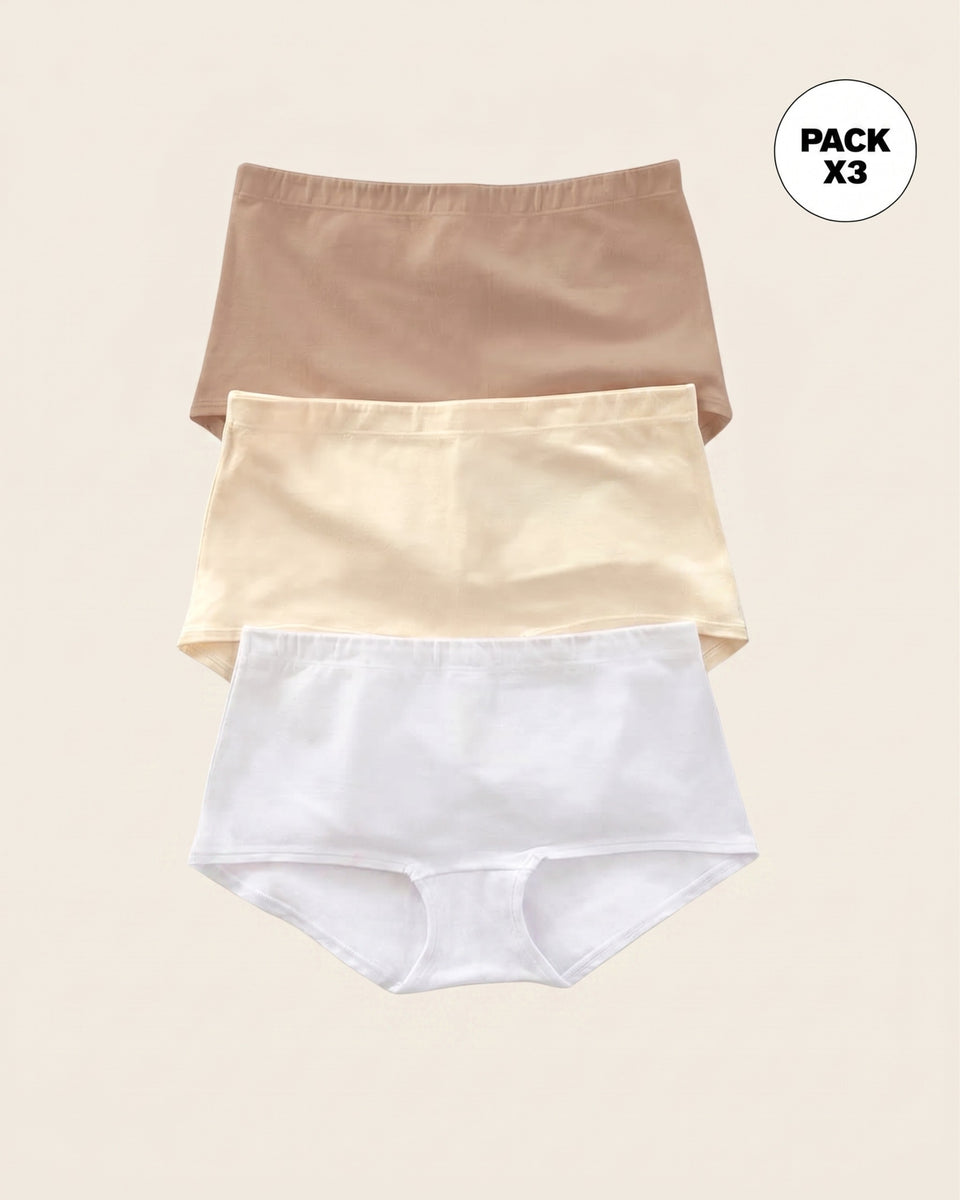 Paquete x 3 cómodos bloomers estilo bóxers en algodón elástico