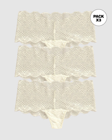 Paquete x3 bloomers estilo cachetero en encaje con transparencias y bordes redondeados#color_253-marfil