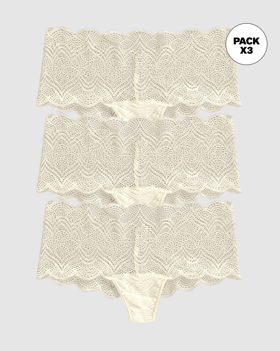 Paquete x3 bloomers estilo cachetero en encaje con transparencias y bordes redondeados