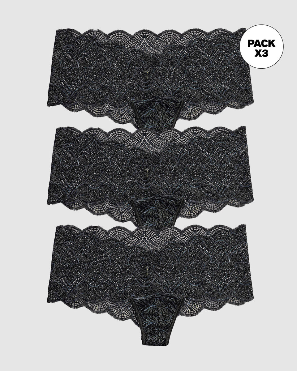 Paquete x3 bloomers estilo cachetero en encaje con transparencias y bordes redondeados