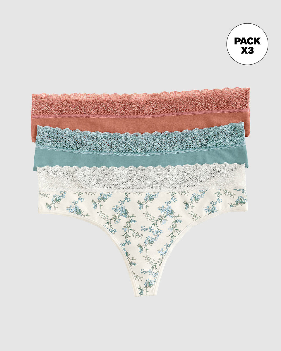 Brasileras paquete x3 en algodón elástico con detalle en encaje