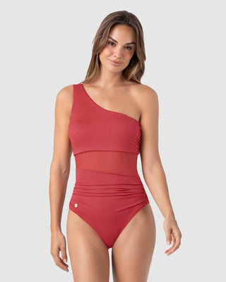 Traje de baño entero de un solo hombro con control de abdomen#color_391-rojo-coral