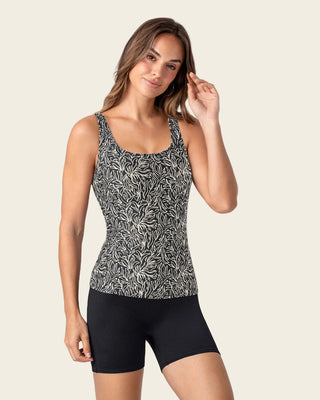 Traje de baño de dos piezas Blusa y Short de control de abdomen#color_c08-estampado-negro