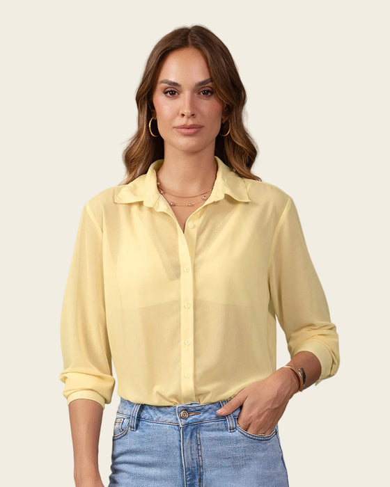 Blusa manga larga elaborada en tela con transparencia#color_c72-mantequilla