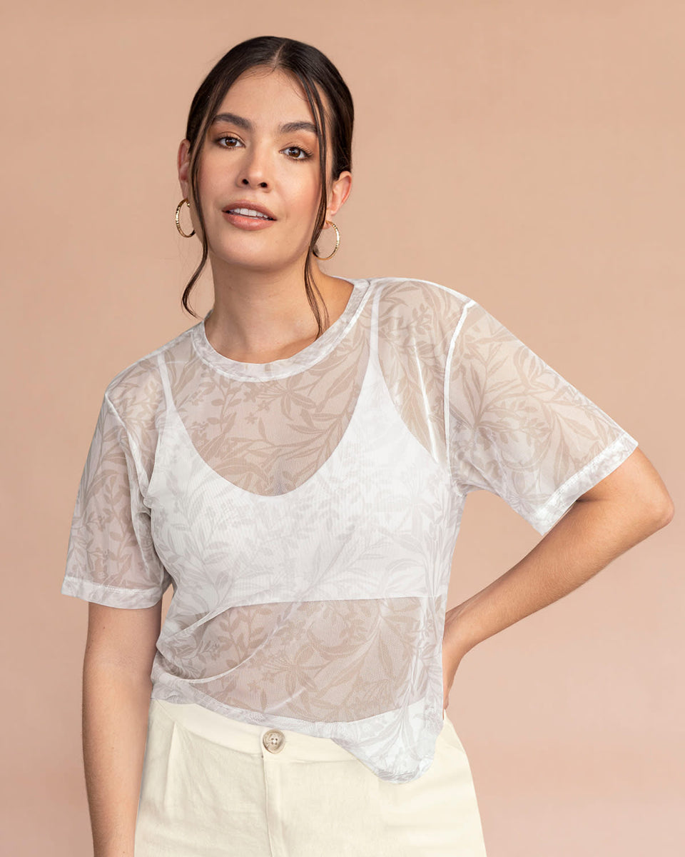Blusa manga corta en tela con transparencia