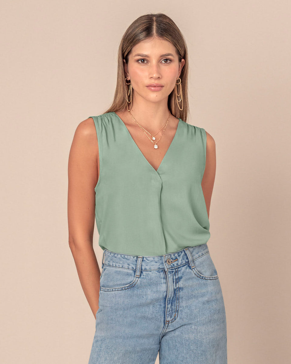 Blusa sin mangas escote en V con detalle sobrepuesto
