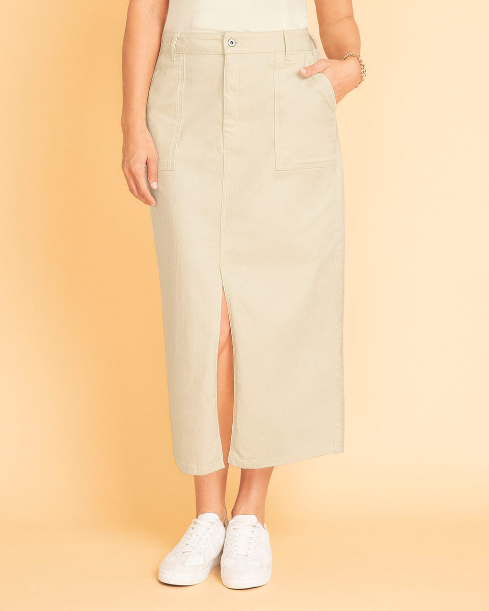 Enagua larga en denim con abertura asimétrica en frente