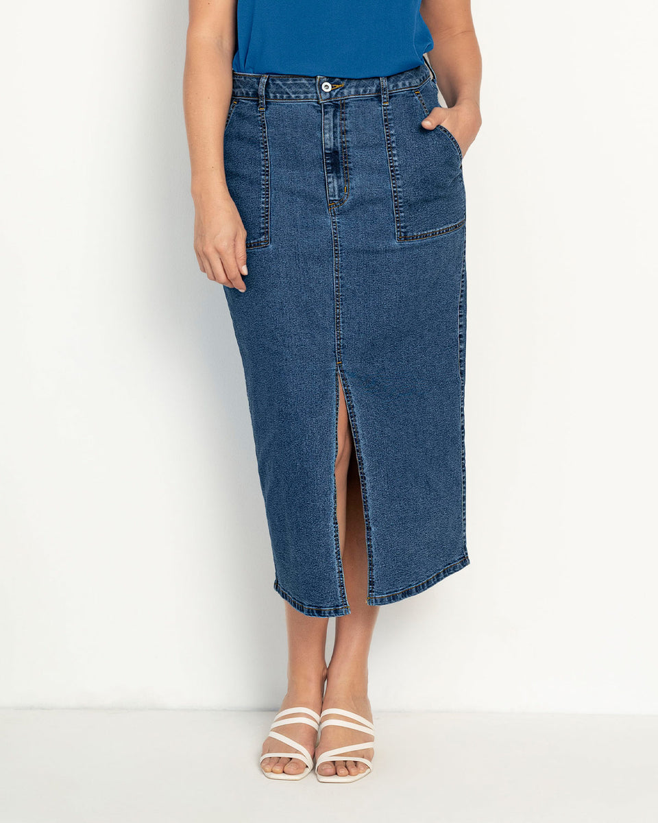 Enagua larga en denim con abertura en frente