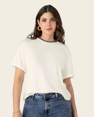 Blusa manga corta con detalle tejido en el cuello#color_018-marfil