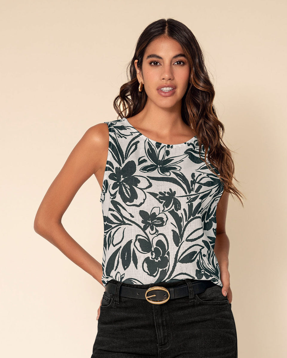 Blusa sin mangas estampada de cuello redondo alto