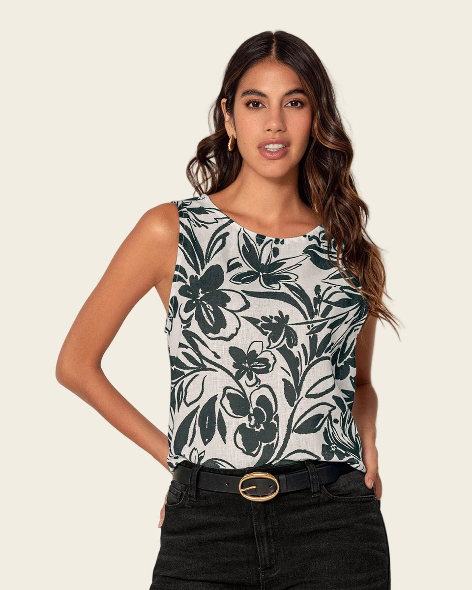 Blusa sin mangas estampada de cuello redondo alto