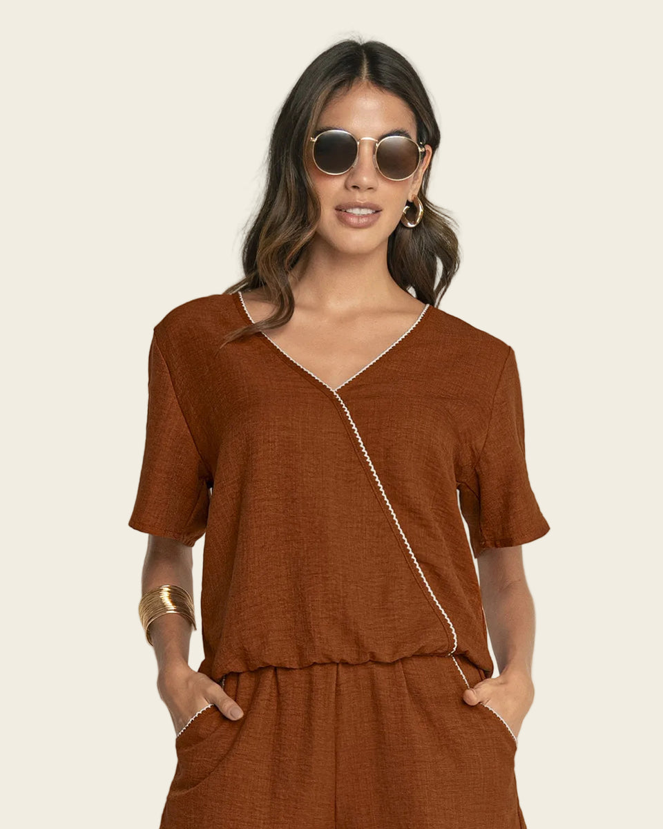 Blusa manga corta de escote en V cruzado