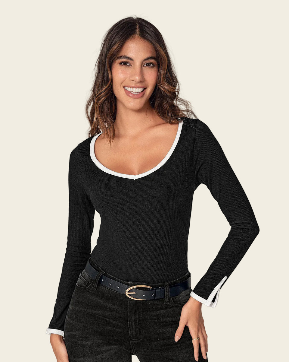 Blusa manga larga de silueta ajustada con detalles en contraste