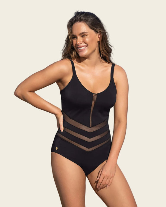 Traje de baño entero control suave con transparencias en abdomen#color_700-negro