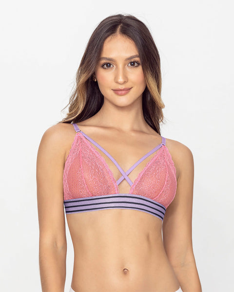 Bralette triangular en encaje con base deportiva y tiras cruzadas#color_339-rosado