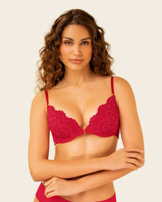 Brasier en encaje con abrochadura frontal y espalda lisa#color_302-rojo
