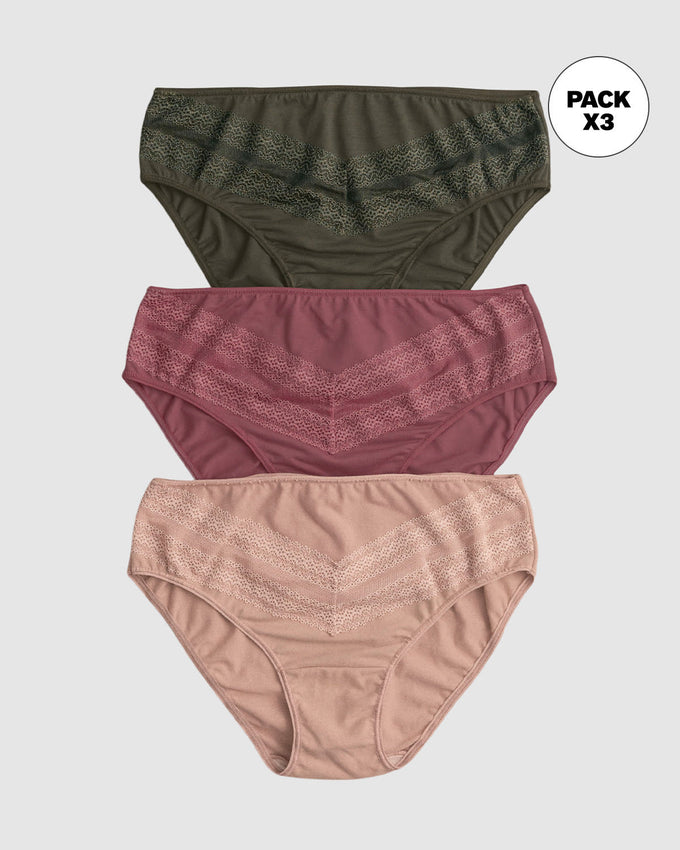 Paquete x 3 Bloomers tipo Bikini Clásicos y Confortables#color_s28-verde-vino-rosa