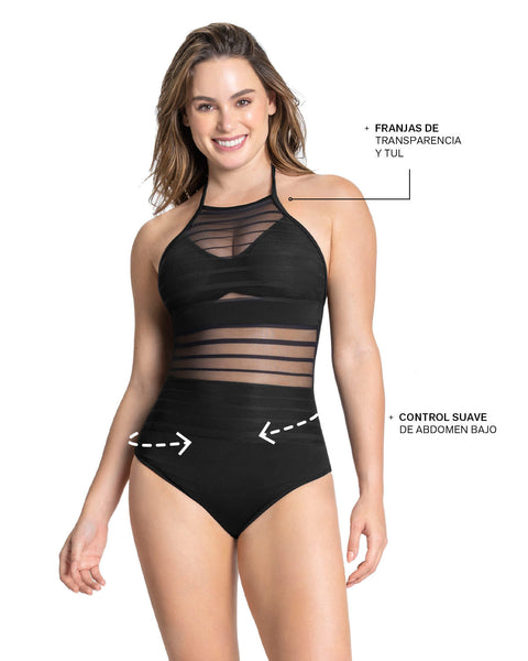 Vestido de baño entero con control suave y transparencias en escote y abdomen#color_700-negro