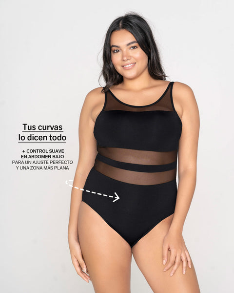 Traje de baño entero de control con transparencias en tul#color_700-negro