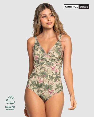 Traje de baño con drapeado en el escote elaborado con botelllas PET recicladas#color_088-estampado-palmeras