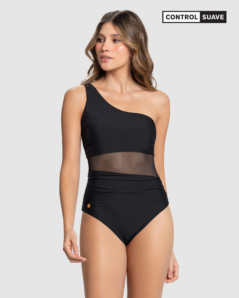 Traje de baño entero de un solo hombro con control de abdomen#color_700-negro