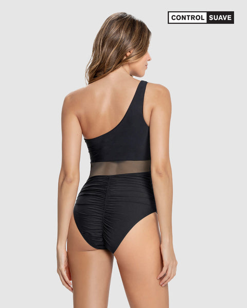 Traje de baño entero de un solo hombro con control de abdomen#color_700-negro