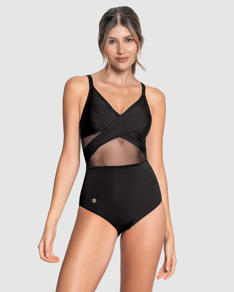 Vestido de baño entero control suave de abdomen elaborado con nylon reciclado#color_700-negro