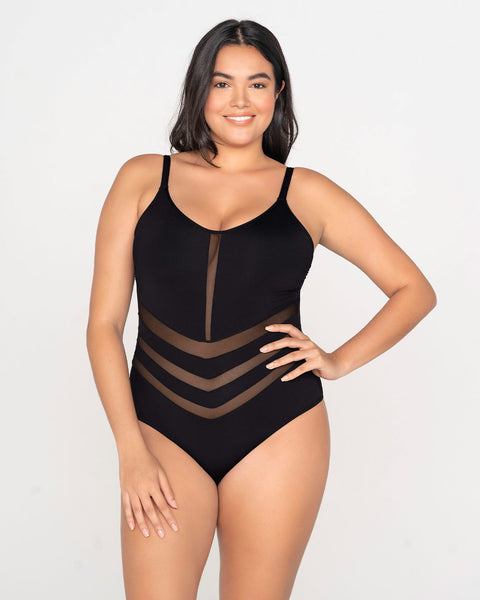 Traje de baño entero control suave con transparencias en abdomen#color_700-negro