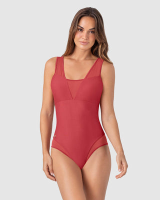 Traje de baño entero de control fuerte con detalles en tul - Hasta 2 cm menos#color_391-rojo-coral