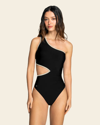 Traje de baño entero de un hombro con abertura a un lado#color_700-negro