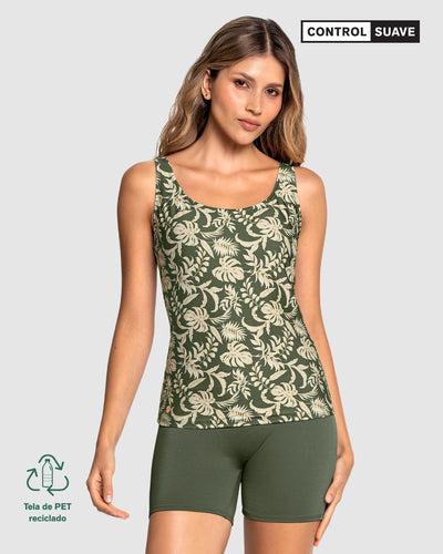 Traje de baño de dos piezas blusa y Short de control de abdomen#color_068-estampado-flores-verde