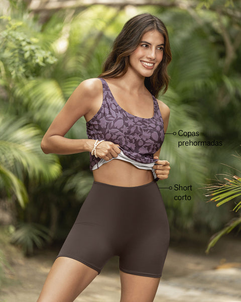 Traje de baño con blusa y short elaborado con botellas PET#color_447-estampado-flores-uva