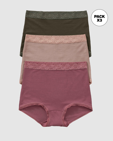 Paquete x 3 bloomers clásicos de ajuste y cubrimiento total#color_s22-vino-verde-rosa