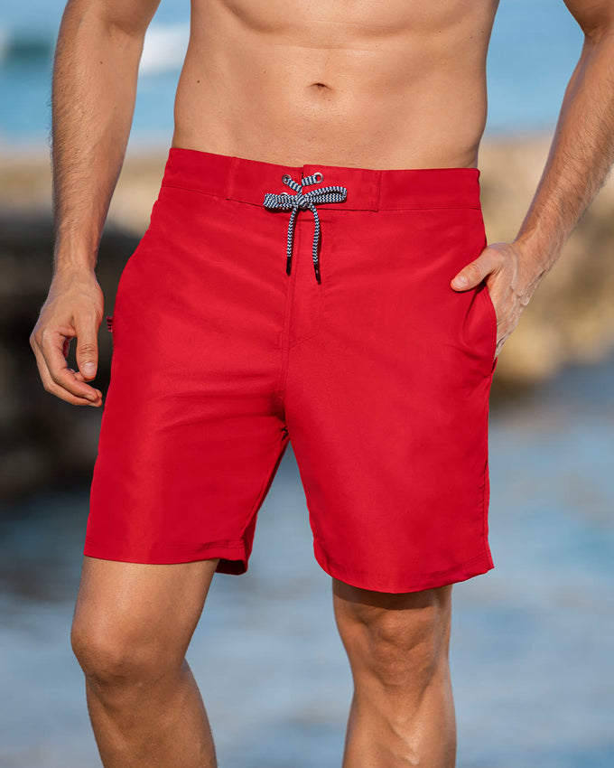 Pantaloneta larga de baño con pretina lisa y malla interna#color_340-rojo