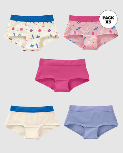 Paquete x 5 bloomers tipo hipster para niña#color_s01-azul-fucsia-marfil-estampado-rosa