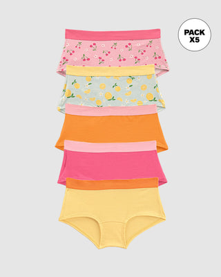 Paquete x 5 bloomers tipo hipster para niña#color_s05-naranja-fucsia-amarillo-rosado-estampado-cerezas-azul-claro-estampado-naranjas