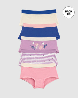 Paquete x 5 bloomers tipo hipster para niña#color_s06-marfil-rosado-claro-azul-oscuro-rayas-lila-con-flores-lila-estampado-flores