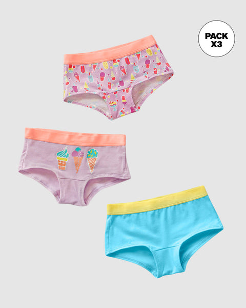 Paquete x 3 bloomers tipo hipster en algodón suave para niña#color_s35-lila-azul-estampado