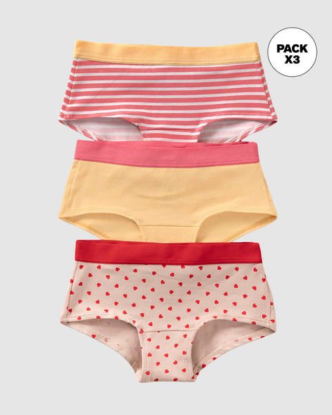 Paquete x 3 bloomers tipo hipster en algodón suave para niña#color_s41-corazones-rayas-estampado-love