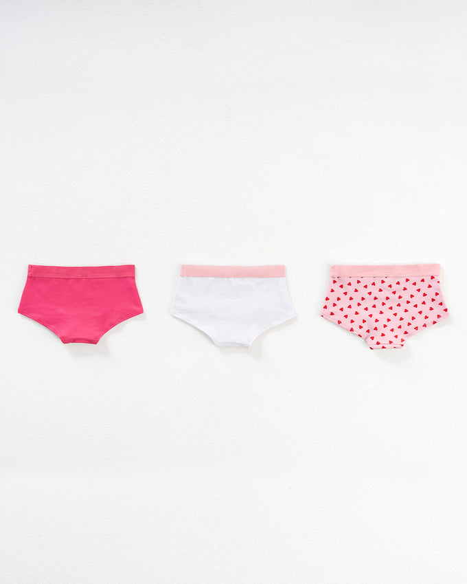 Paquete x 3 bloomers tipo hipster en algodón suave para niña#color_s45-fucsia-estampado-corazones-blanco