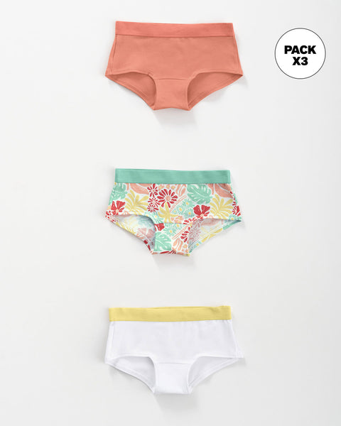 Paquete x 3 bloomers tipo hipster en algodón suave para niña#color_s46-coral-coral-estampado-blanco