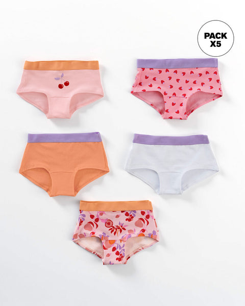 Paquete x 5 bloomers tipo hipster en algodón suave para niña#color_s23-blanco-naranja-frutas-fresas-rosado