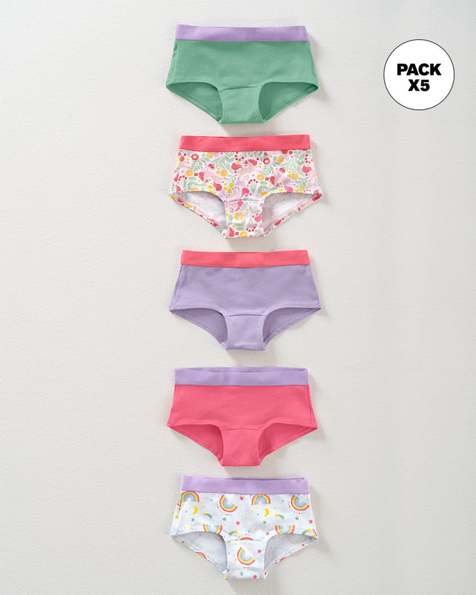 Paquete x 5 bloomers tipo hipster en algodón suave para niña#color_s24-lila-unicornio-arco-iris-verde-rosado