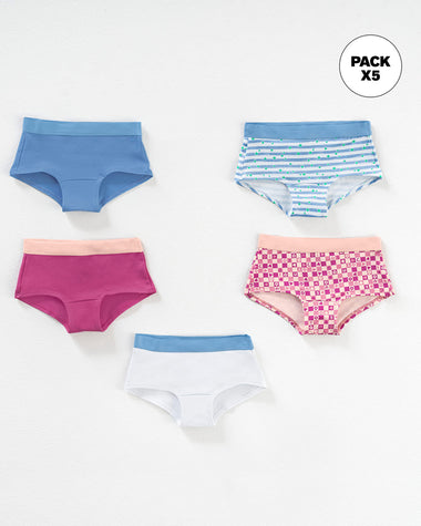 Paquete x 5 bloomers tipo hipster en algodón suave para niña#color_s26-cuadros-rayas-rosado-azul-blanco