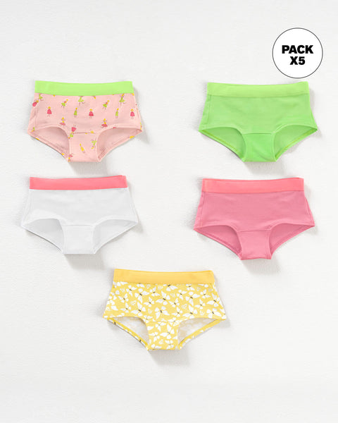 Paquete x 5 bloomers tipo hipster en algodón suave para niña#color_s27-munecas-mariposas-rosado-blanco-verde