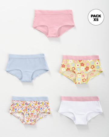 Paquete x 5 bloomers tipo hipster en algodón suave para niña#color_s28-rosado-blanco-azul-flores-coral