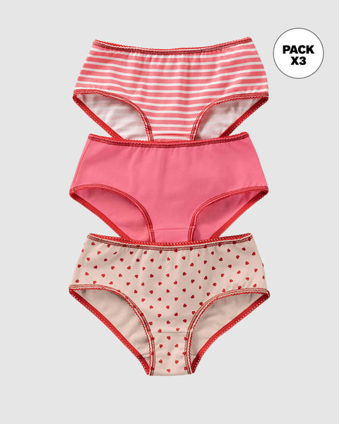 Paquete x 3 bloomers clásicos en algodón suave para niña#color_s25-corazones-rosado-rayas