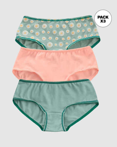 Paquete x 3 bloomers clásicos en algodón suave para niña#color_s28-rosado-verde-estampado-flores