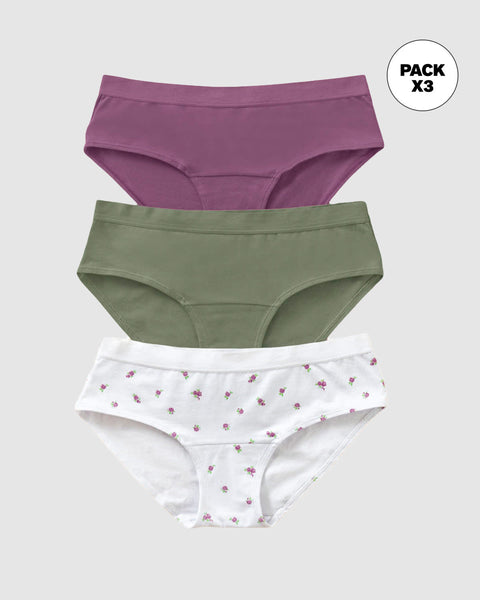 Paquete x 3 bloomers estilo hípster en algodón#color_s69-verde-estampado-flores-mora