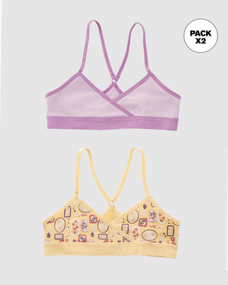 Top principiante con espalda deportiva para niña paquete x 2#color_s05-lila-amarillo-estampado-flores